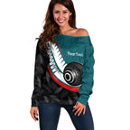Personalised Aotearoa Lawn Bowls Off Shoulder Sweater Maori and Silver Fern Sporty Style Teal Color - Aussie Hoodie
