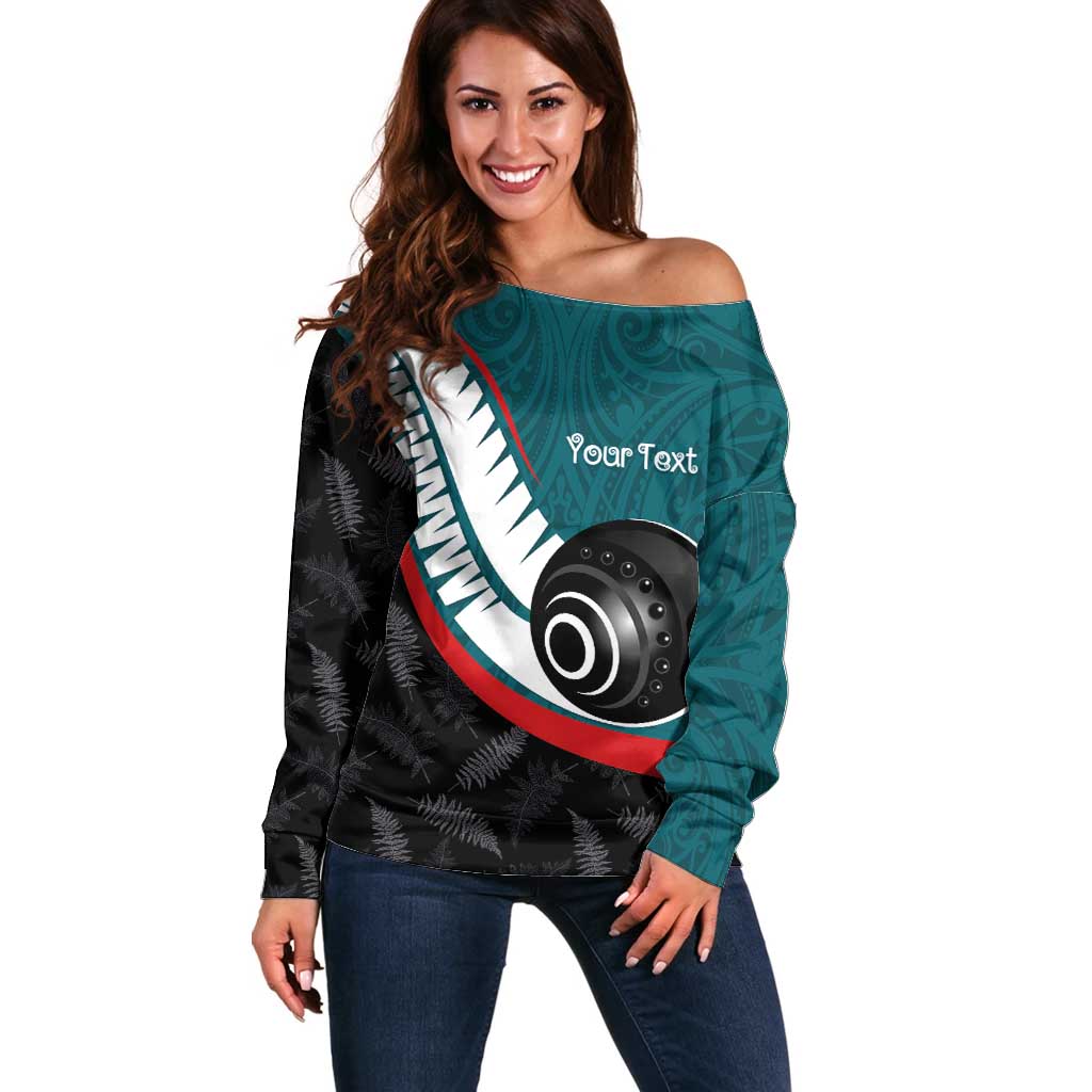 Personalised Aotearoa Lawn Bowls Off Shoulder Sweater Maori and Silver Fern Sporty Style Teal Color - Aussie Hoodie