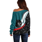 Personalised Aotearoa Lawn Bowls Off Shoulder Sweater Maori and Silver Fern Sporty Style Teal Color - Aussie Hoodie