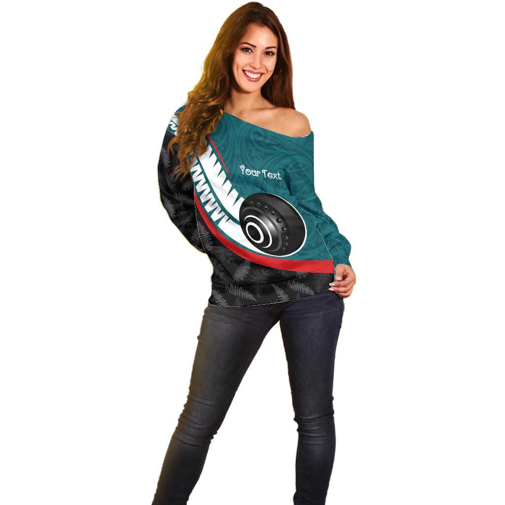 Personalised Aotearoa Lawn Bowls Off Shoulder Sweater Maori and Silver Fern Sporty Style Teal Color - Aussie Hoodie