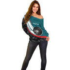 Personalised Aotearoa Lawn Bowls Off Shoulder Sweater Maori and Silver Fern Sporty Style Teal Color - Aussie Hoodie
