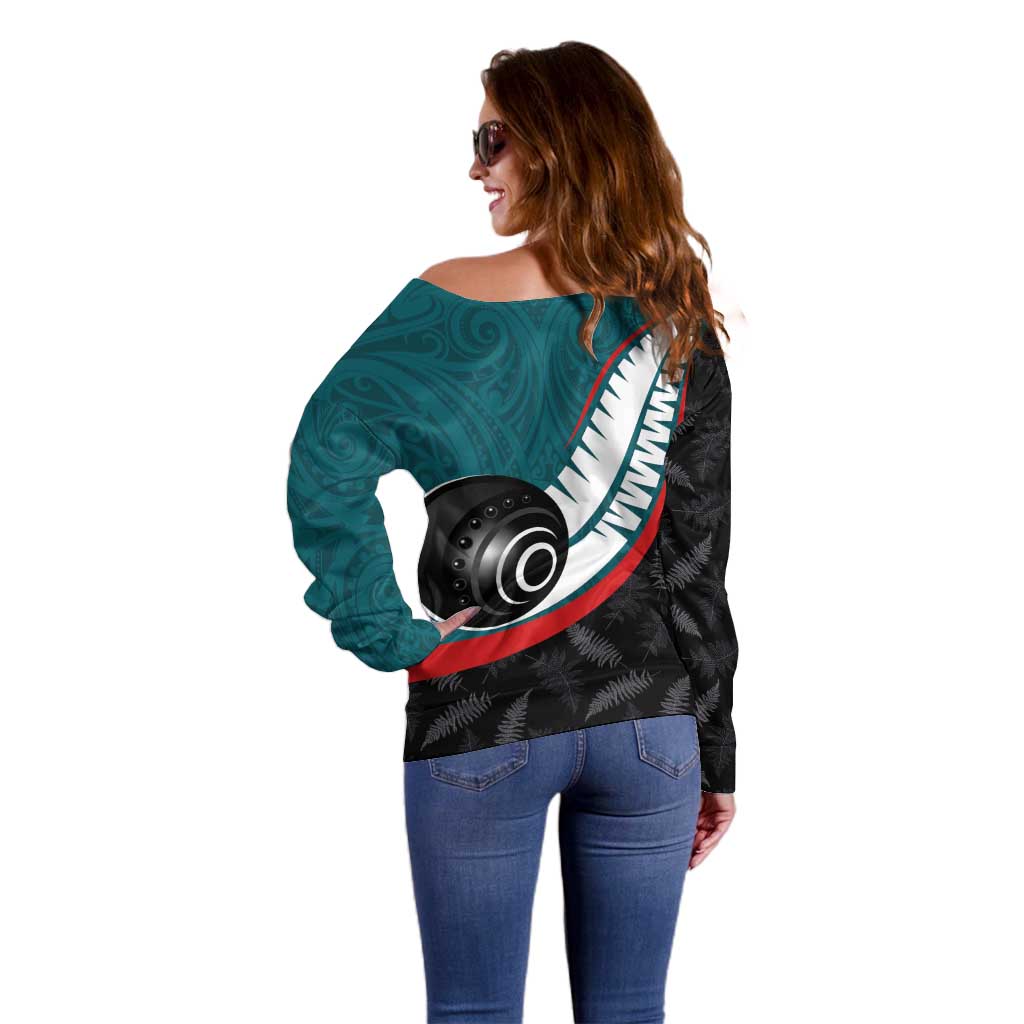Personalised Aotearoa Lawn Bowls Off Shoulder Sweater Maori and Silver Fern Sporty Style Teal Color - Aussie Hoodie