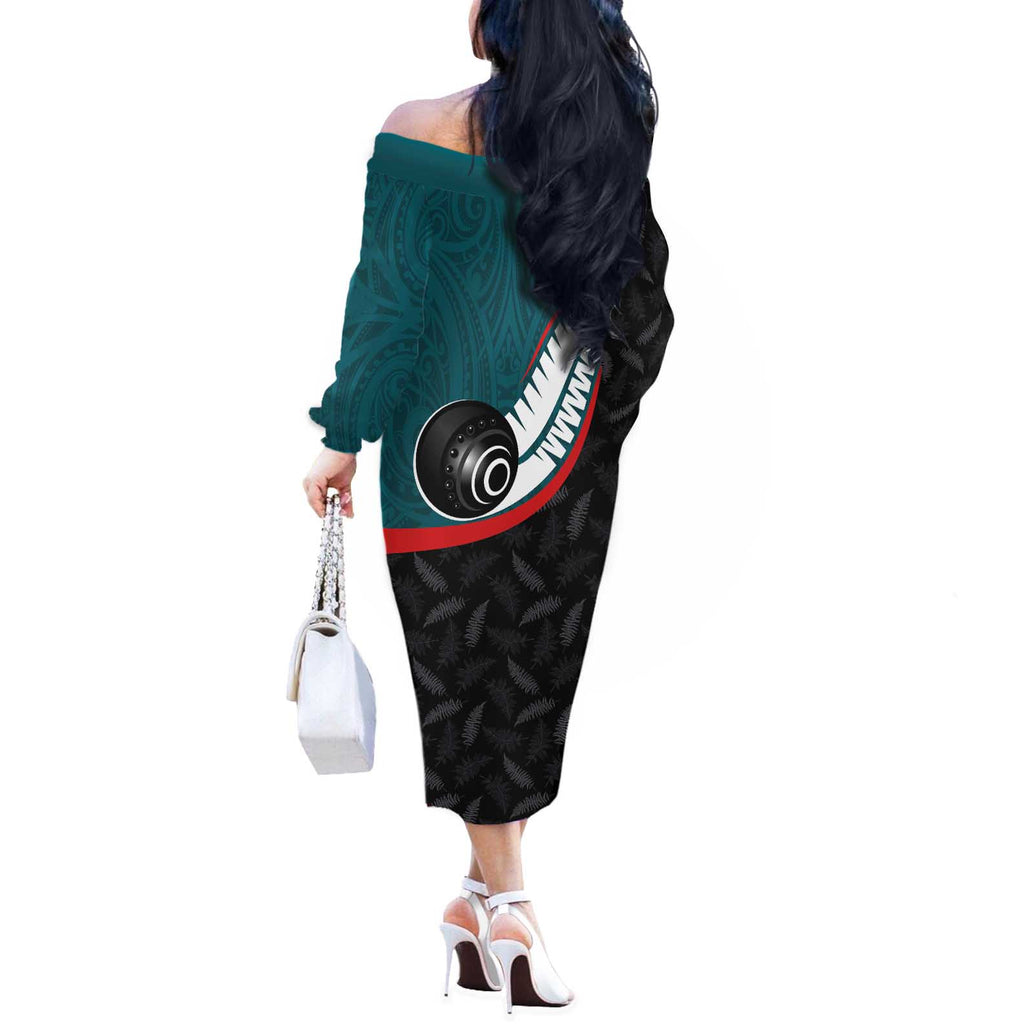 Personalised Aotearoa Lawn Bowls Off The Shoulder Long Sleeve Dress Maori and Silver Fern Sporty Style Teal Color - Aussie Hoodie