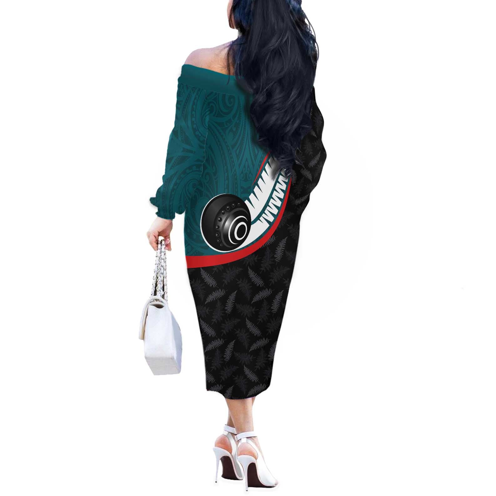Personalised Aotearoa Lawn Bowls Off The Shoulder Long Sleeve Dress Maori and Silver Fern Sporty Style Teal Color - Aussie Hoodie