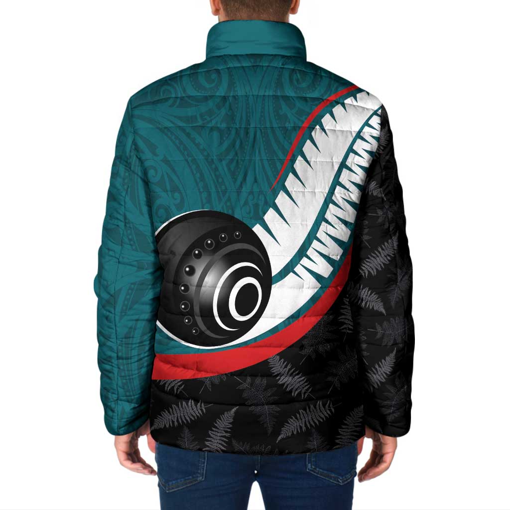 Personalised Aotearoa Lawn Bowls Padded Jacket Maori and Silver Fern Sporty Style Teal Color - Aussie Hoodie