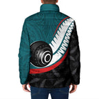 Personalised Aotearoa Lawn Bowls Padded Jacket Maori and Silver Fern Sporty Style Teal Color - Aussie Hoodie