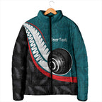 Personalised Aotearoa Lawn Bowls Padded Jacket Maori and Silver Fern Sporty Style Teal Color - Aussie Hoodie