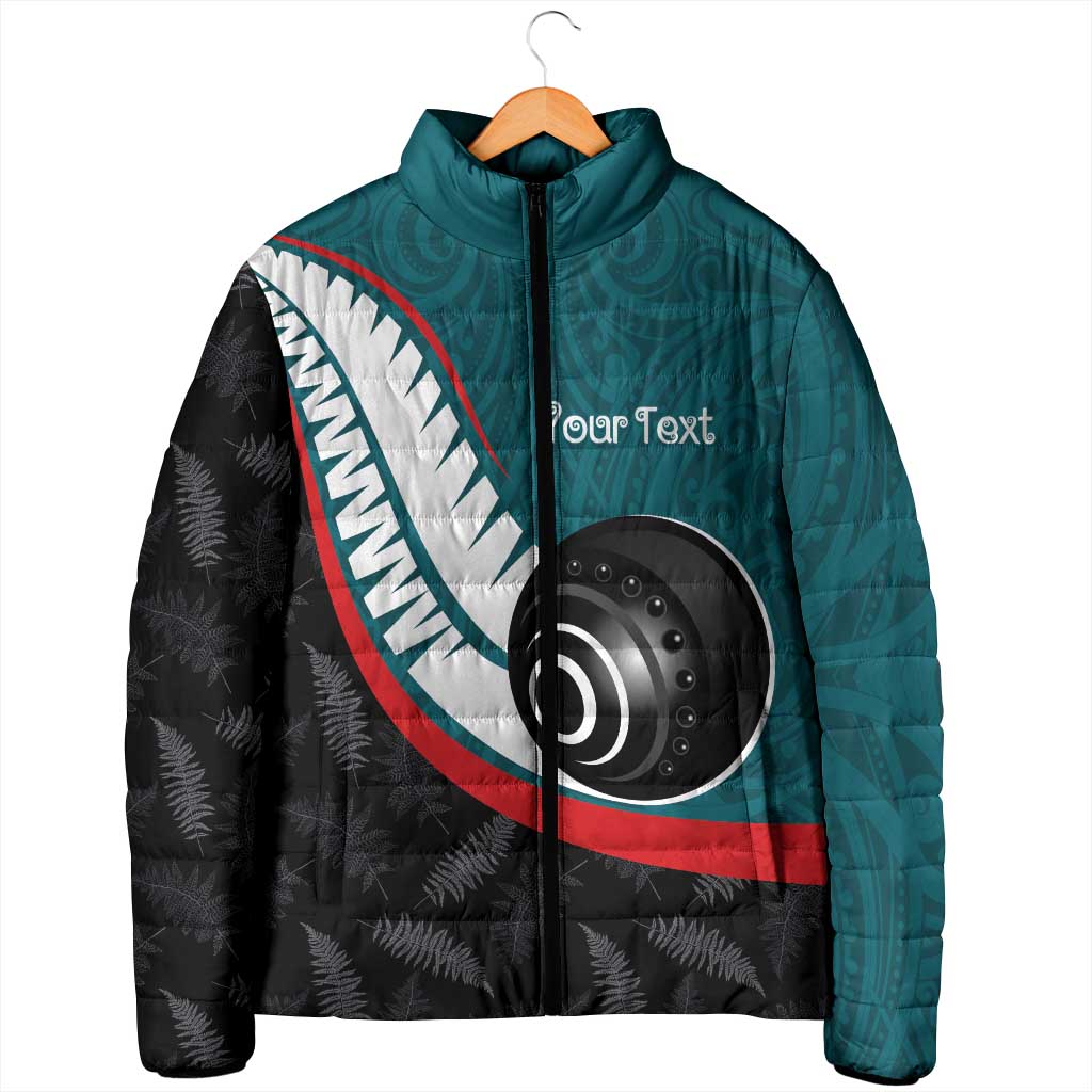 Personalised Aotearoa Lawn Bowls Padded Jacket Maori and Silver Fern Sporty Style Teal Color - Aussie Hoodie