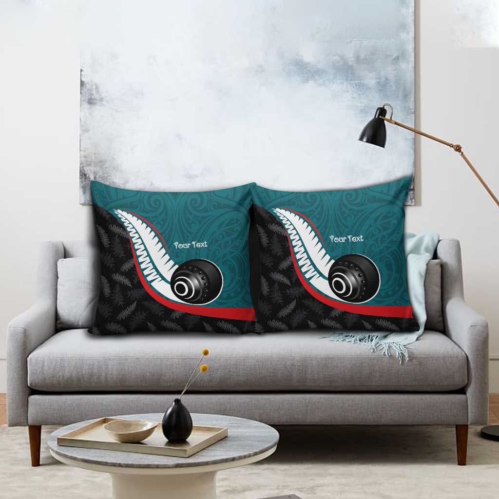Personalised Aotearoa Lawn Bowls Pillow Cover Maori and Silver Fern Sporty Style Teal Color - Aussie Hoodie