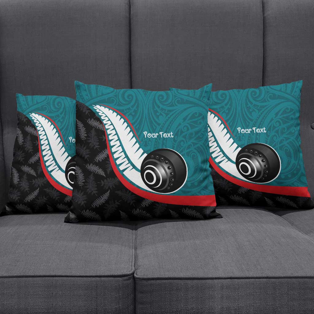 Personalised Aotearoa Lawn Bowls Pillow Cover Maori and Silver Fern Sporty Style Teal Color - Aussie Hoodie