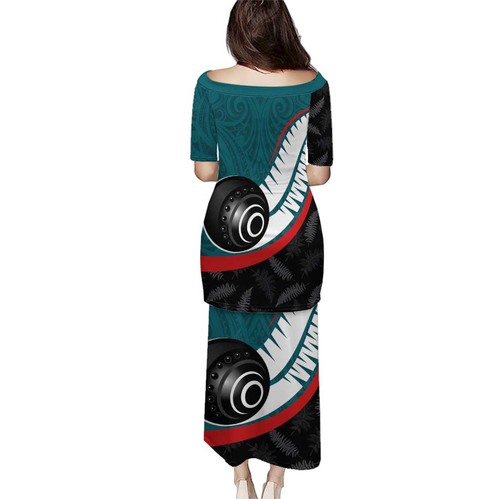 Personalised Aotearoa Lawn Bowls Puletasi Maori and Silver Fern Sporty Style Teal Color - Aussie Hoodie