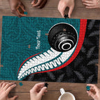 Personalised Aotearoa Lawn Bowls Puzzle Maori and Silver Fern Sporty Style Teal Color - Aussie Hoodie