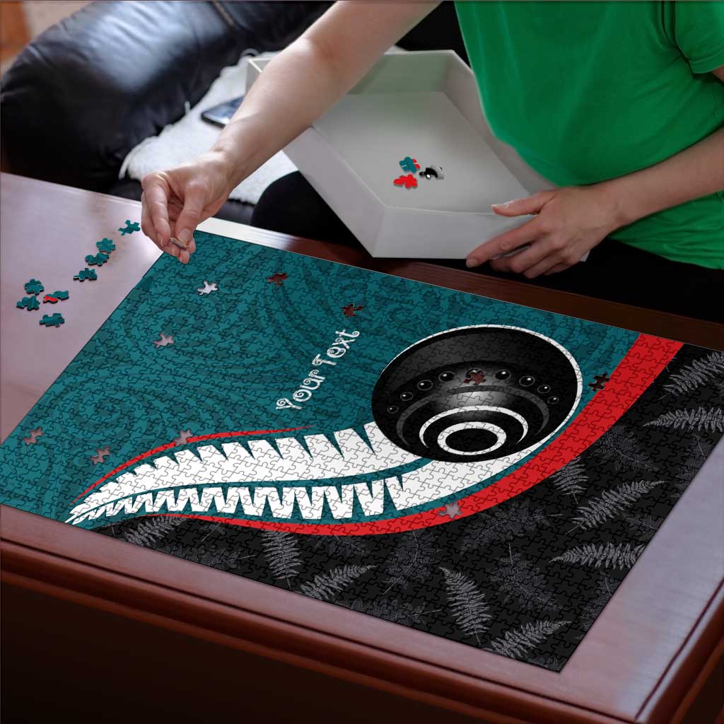 Personalised Aotearoa Lawn Bowls Puzzle Maori and Silver Fern Sporty Style Teal Color - Aussie Hoodie
