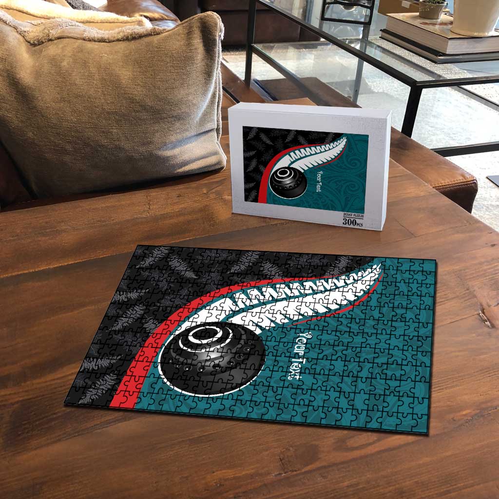 Personalised Aotearoa Lawn Bowls Puzzle Maori and Silver Fern Sporty Style Teal Color - Aussie Hoodie