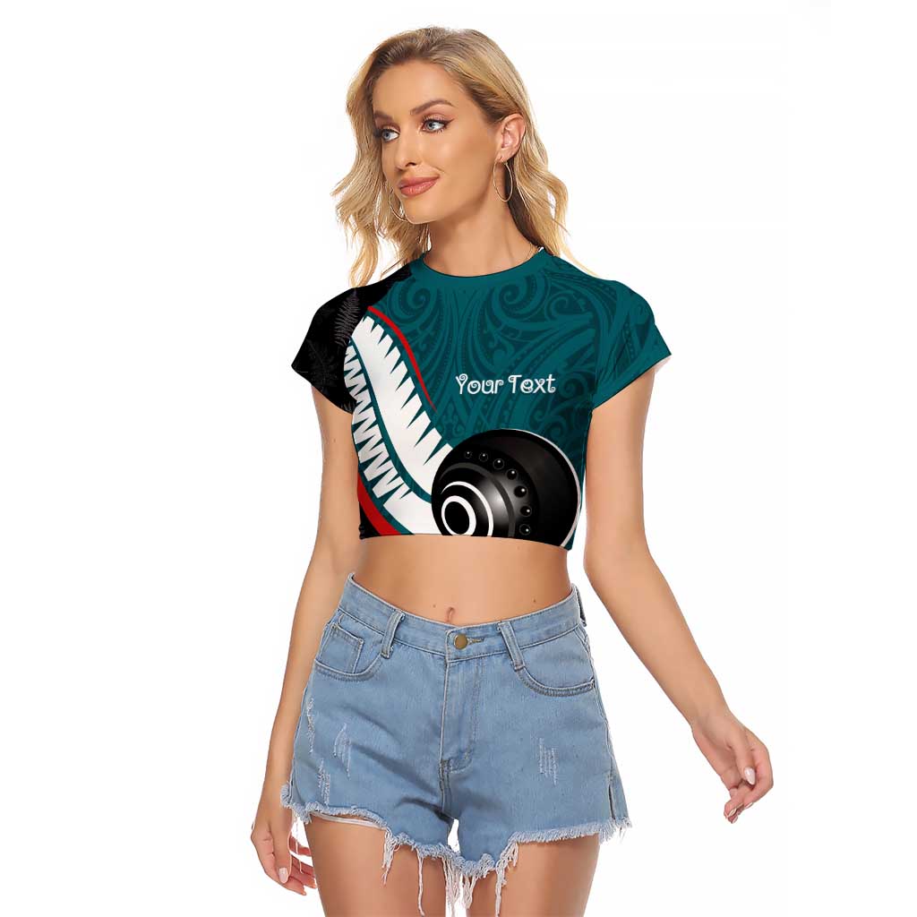 Personalised Aotearoa Lawn Bowls Raglan Cropped T Shirt Maori and Silver Fern Sporty Style Teal Color - Aussie Hoodie
