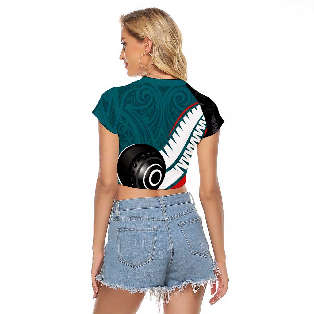 Personalised Aotearoa Lawn Bowls Raglan Cropped T Shirt Maori and Silver Fern Sporty Style Teal Color - Aussie Hoodie