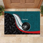 Personalised Aotearoa Lawn Bowls Rubber Doormat Maori and Silver Fern Sporty Style Teal Color - Aussie Hoodie