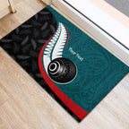 Personalised Aotearoa Lawn Bowls Rubber Doormat Maori and Silver Fern Sporty Style Teal Color - Aussie Hoodie