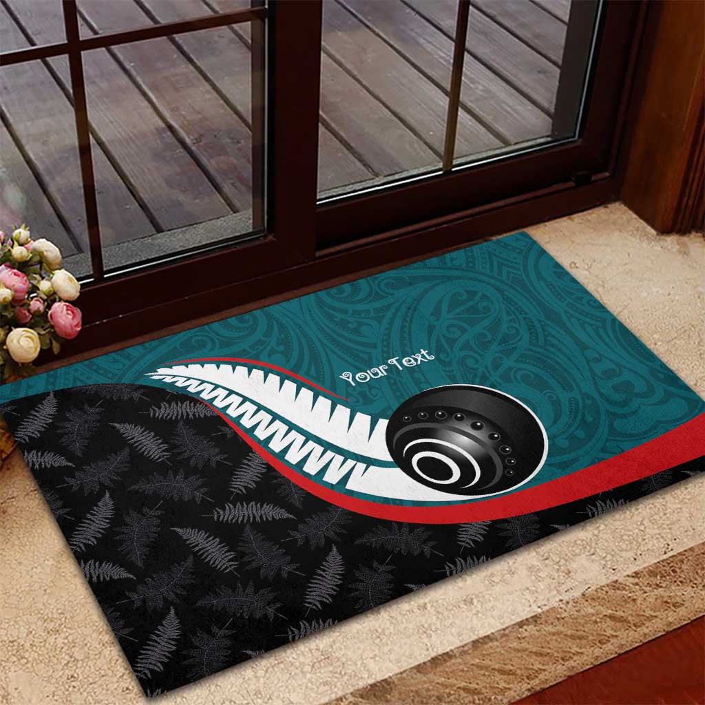 Personalised Aotearoa Lawn Bowls Rubber Doormat Maori and Silver Fern Sporty Style Teal Color - Aussie Hoodie
