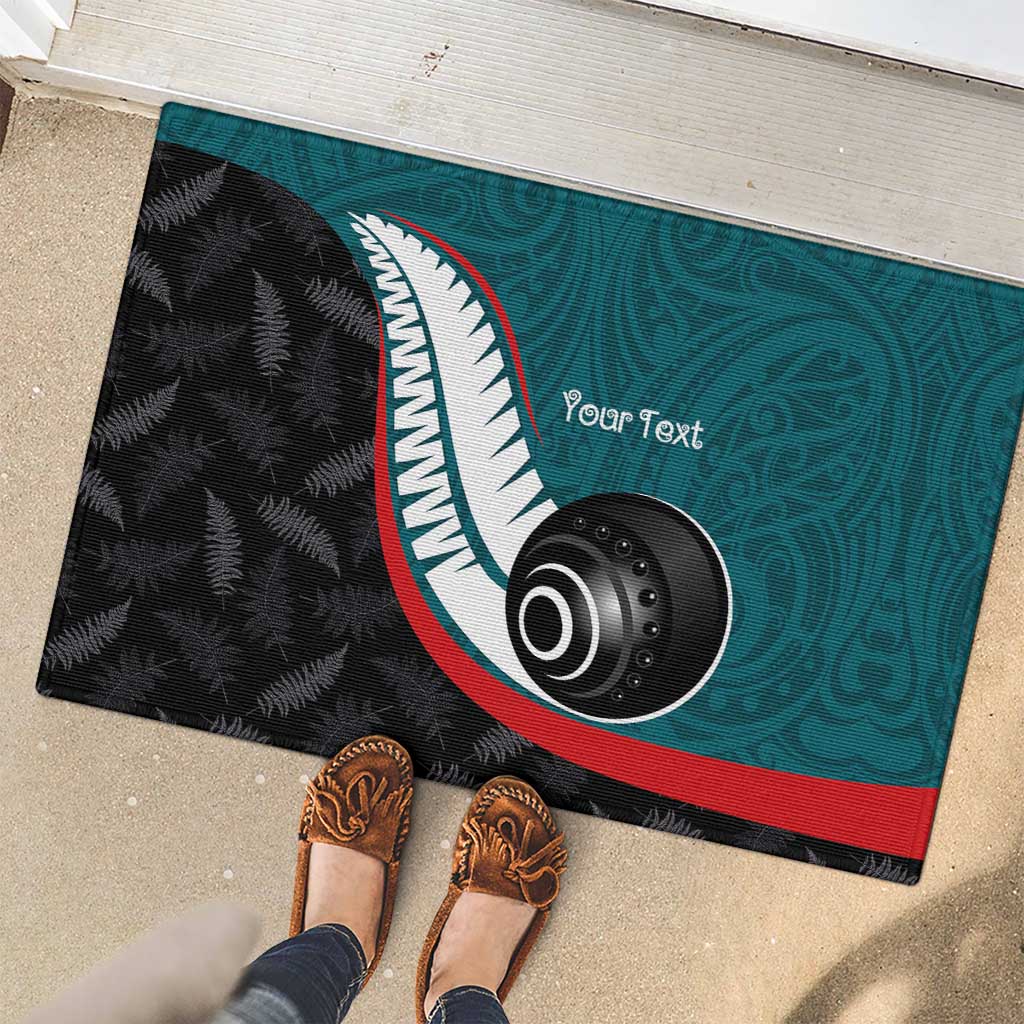 Personalised Aotearoa Lawn Bowls Rubber Doormat Maori and Silver Fern Sporty Style Teal Color - Aussie Hoodie
