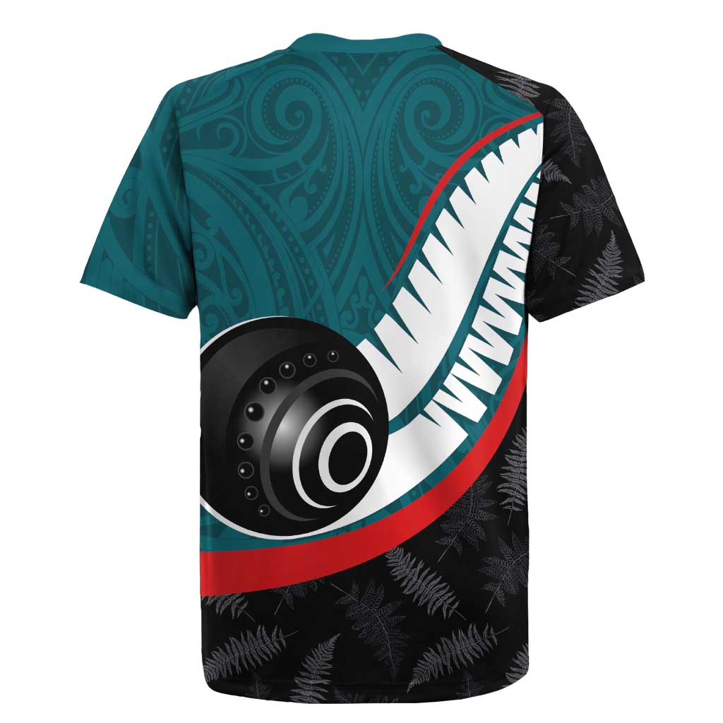 Personalised Aotearoa Lawn Bowls Rugby Jersey Maori and Silver Fern Sporty Style Teal Color - Aussie Hoodie