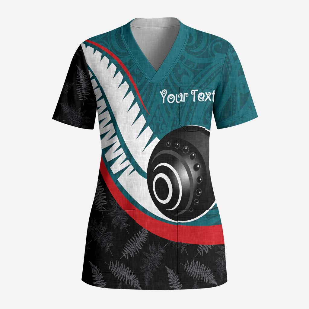 Personalised Aotearoa Lawn Bowls Scrub Top Maori and Silver Fern Sporty Style Teal Color - Aussie Hoodie