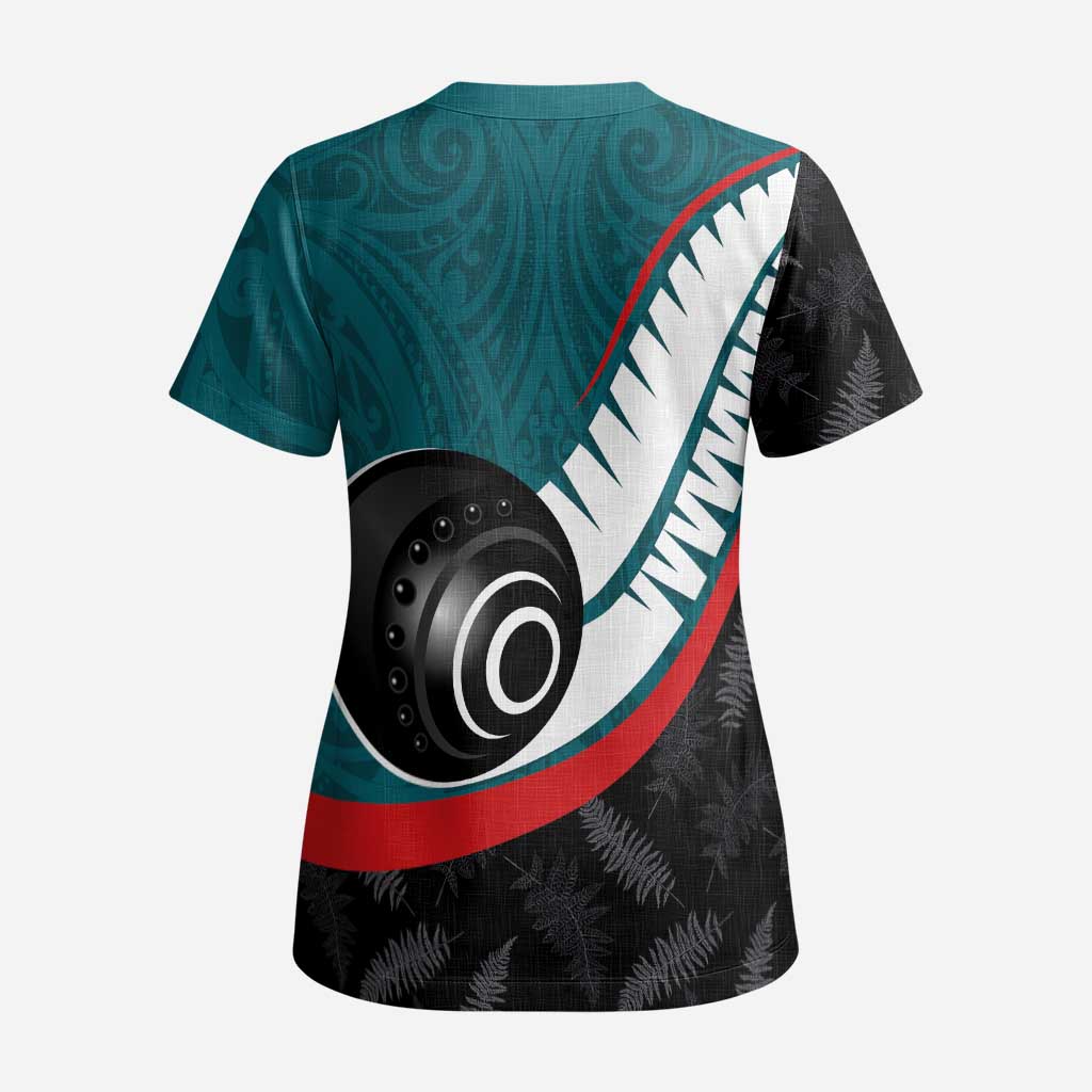 Personalised Aotearoa Lawn Bowls Scrub Top Maori and Silver Fern Sporty Style Teal Color - Aussie Hoodie