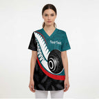 Personalised Aotearoa Lawn Bowls Scrub Top Maori and Silver Fern Sporty Style Teal Color - Aussie Hoodie