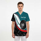 Personalised Aotearoa Lawn Bowls Scrub Top Maori and Silver Fern Sporty Style Teal Color - Aussie Hoodie