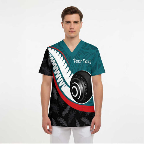 Personalised Aotearoa Lawn Bowls Scrub Top Maori and Silver Fern Sporty Style Teal Color - Aussie Hoodie