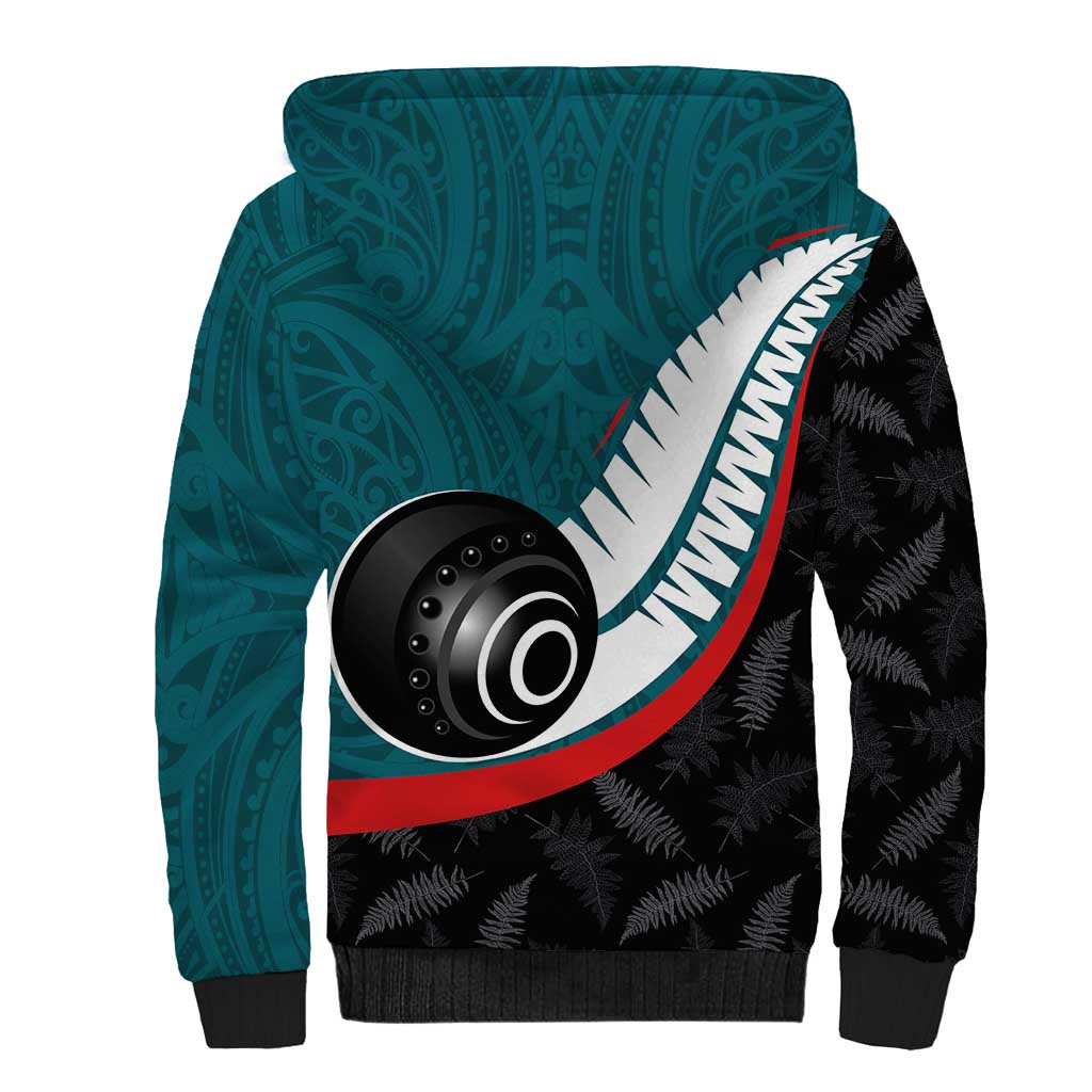 Personalised Aotearoa Lawn Bowls Sherpa Hoodie Maori and Silver Fern Sporty Style Teal Color - Aussie Hoodie