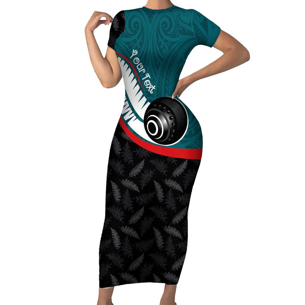 Personalised Aotearoa Lawn Bowls Short Sleeve Bodycon Dress Maori and Silver Fern Sporty Style Teal Color - Aussie Hoodie