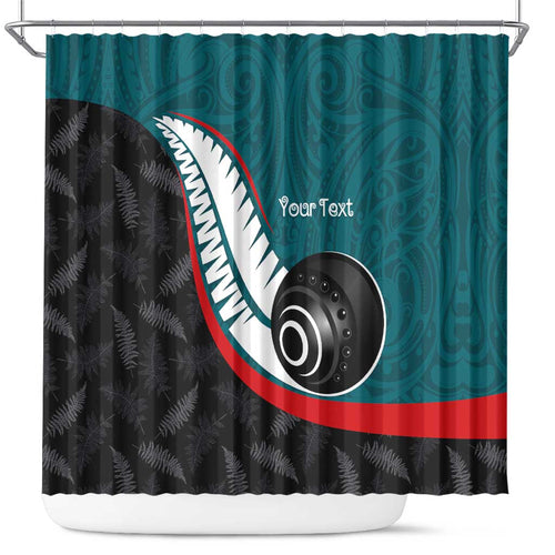 Personalised Aotearoa Lawn Bowls Shower Curtain Maori and Silver Fern Sporty Style Teal Color - Aussie Hoodie