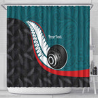 Personalised Aotearoa Lawn Bowls Shower Curtain Maori and Silver Fern Sporty Style Teal Color - Aussie Hoodie