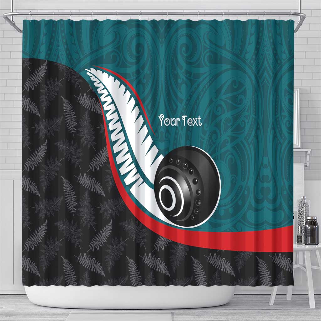 Personalised Aotearoa Lawn Bowls Shower Curtain Maori and Silver Fern Sporty Style Teal Color - Aussie Hoodie