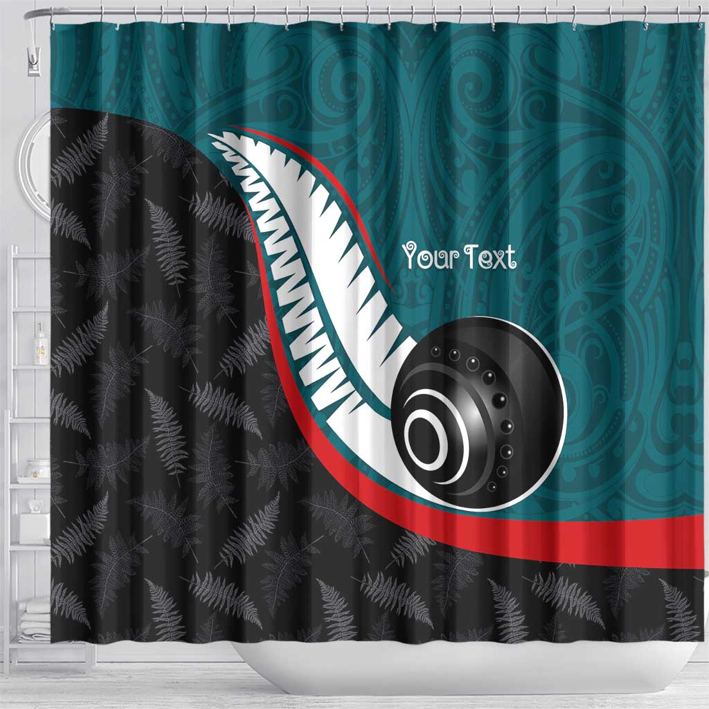 Personalised Aotearoa Lawn Bowls Shower Curtain Maori and Silver Fern Sporty Style Teal Color - Aussie Hoodie