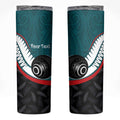 Personalised Aotearoa Lawn Bowls Skinny Tumbler Maori and Silver Fern Sporty Style Teal Color - Aussie Hoodie