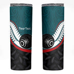 Personalised Aotearoa Lawn Bowls Skinny Tumbler Maori and Silver Fern Sporty Style Teal Color - Aussie Hoodie