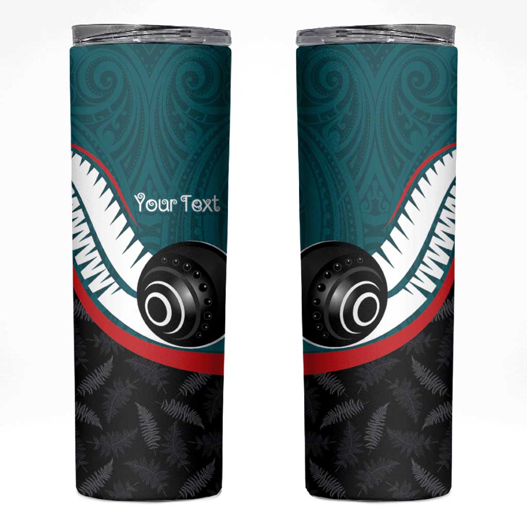 Personalised Aotearoa Lawn Bowls Skinny Tumbler Maori and Silver Fern Sporty Style Teal Color - Aussie Hoodie