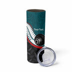 Personalised Aotearoa Lawn Bowls Skinny Tumbler Maori and Silver Fern Sporty Style Teal Color - Aussie Hoodie