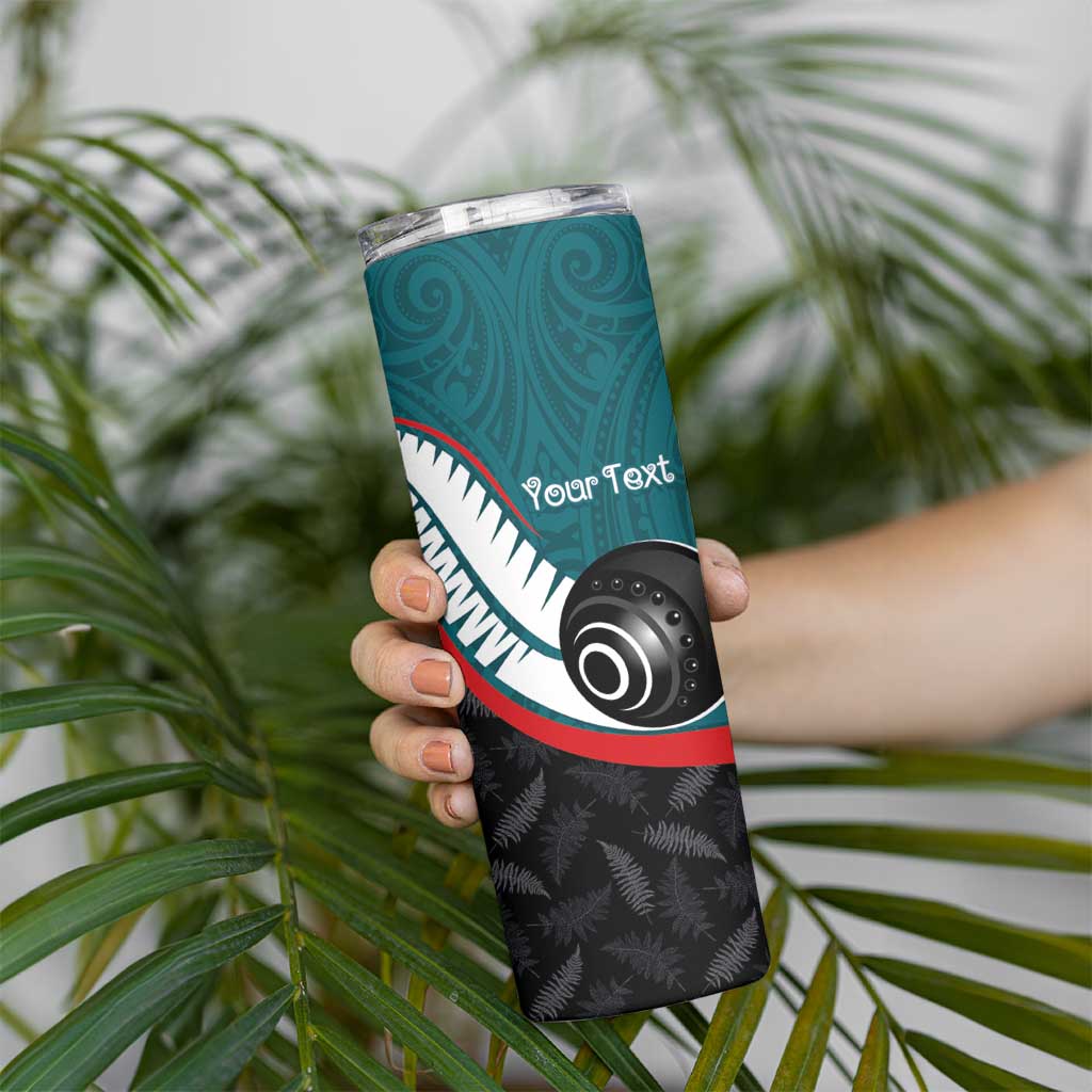 Personalised Aotearoa Lawn Bowls Skinny Tumbler Maori and Silver Fern Sporty Style Teal Color - Aussie Hoodie