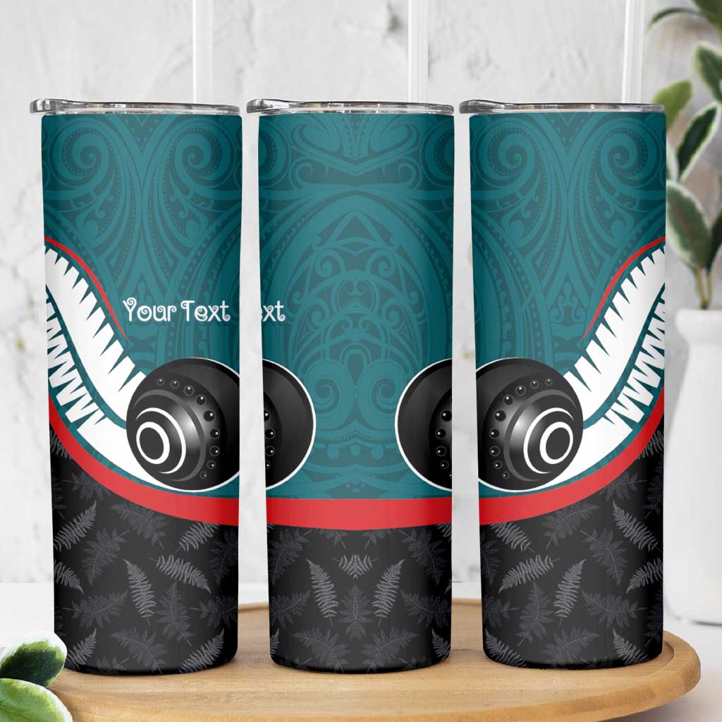 Personalised Aotearoa Lawn Bowls Skinny Tumbler Maori and Silver Fern Sporty Style Teal Color - Aussie Hoodie