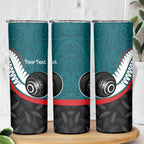 Personalised Aotearoa Lawn Bowls Skinny Tumbler Maori and Silver Fern Sporty Style Teal Color - Aussie Hoodie