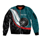 Personalised Aotearoa Lawn Bowls Sleeve Zip Bomber Jacket Maori and Silver Fern Sporty Style Teal Color - Aussie Hoodie