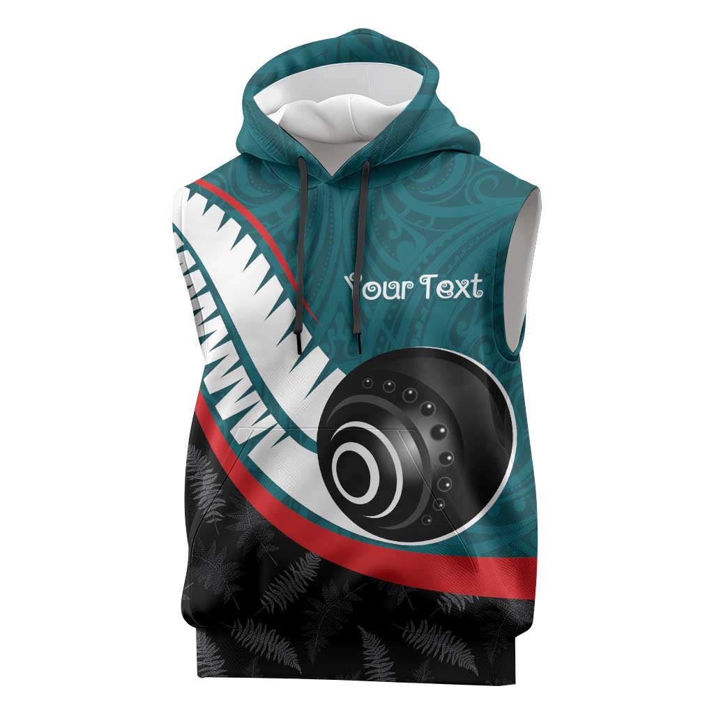 Personalised Aotearoa Lawn Bowls Sleeveless Hoodie Maori and Silver Fern Sporty Style Teal Color - Aussie Hoodie