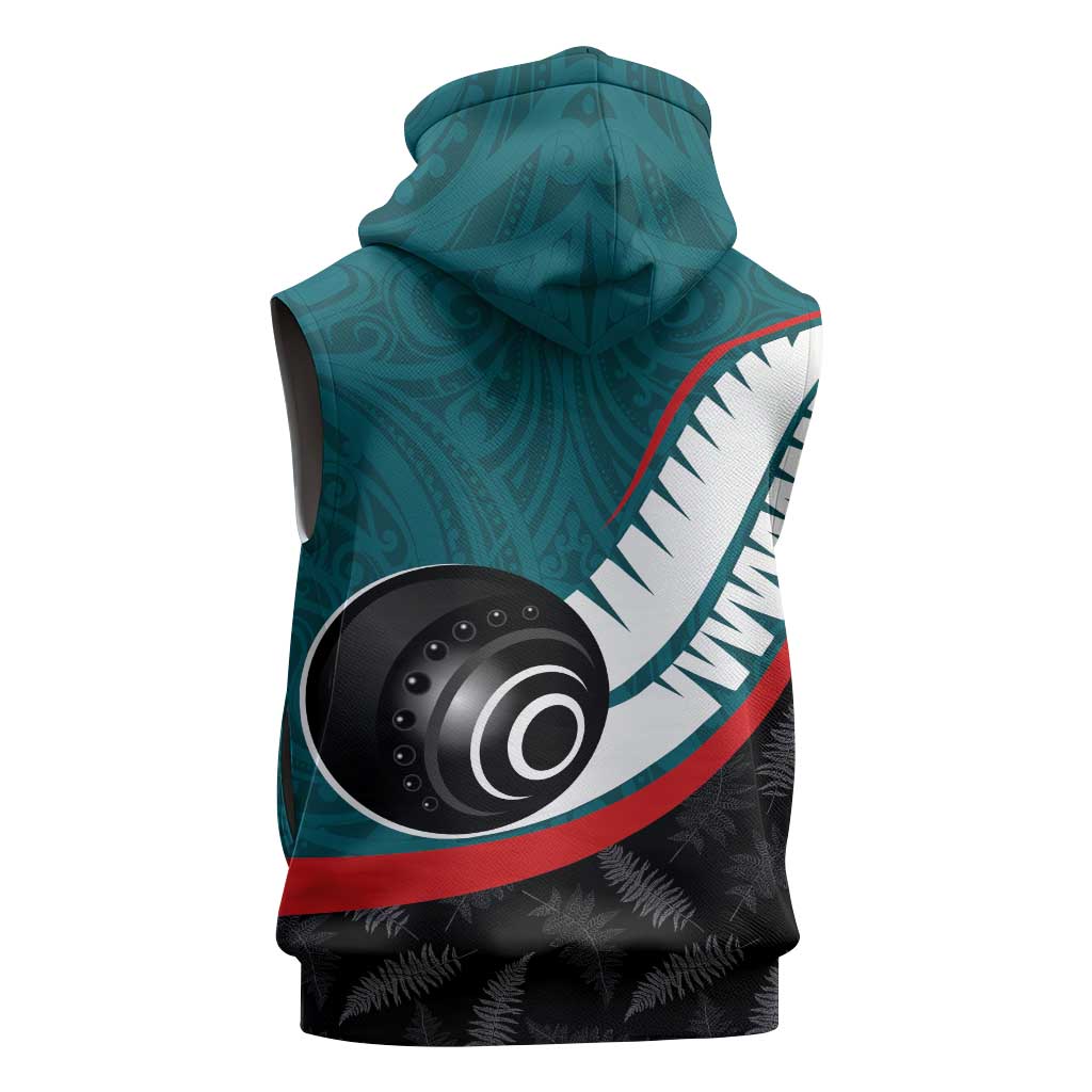 Personalised Aotearoa Lawn Bowls Sleeveless Hoodie Maori and Silver Fern Sporty Style Teal Color - Aussie Hoodie