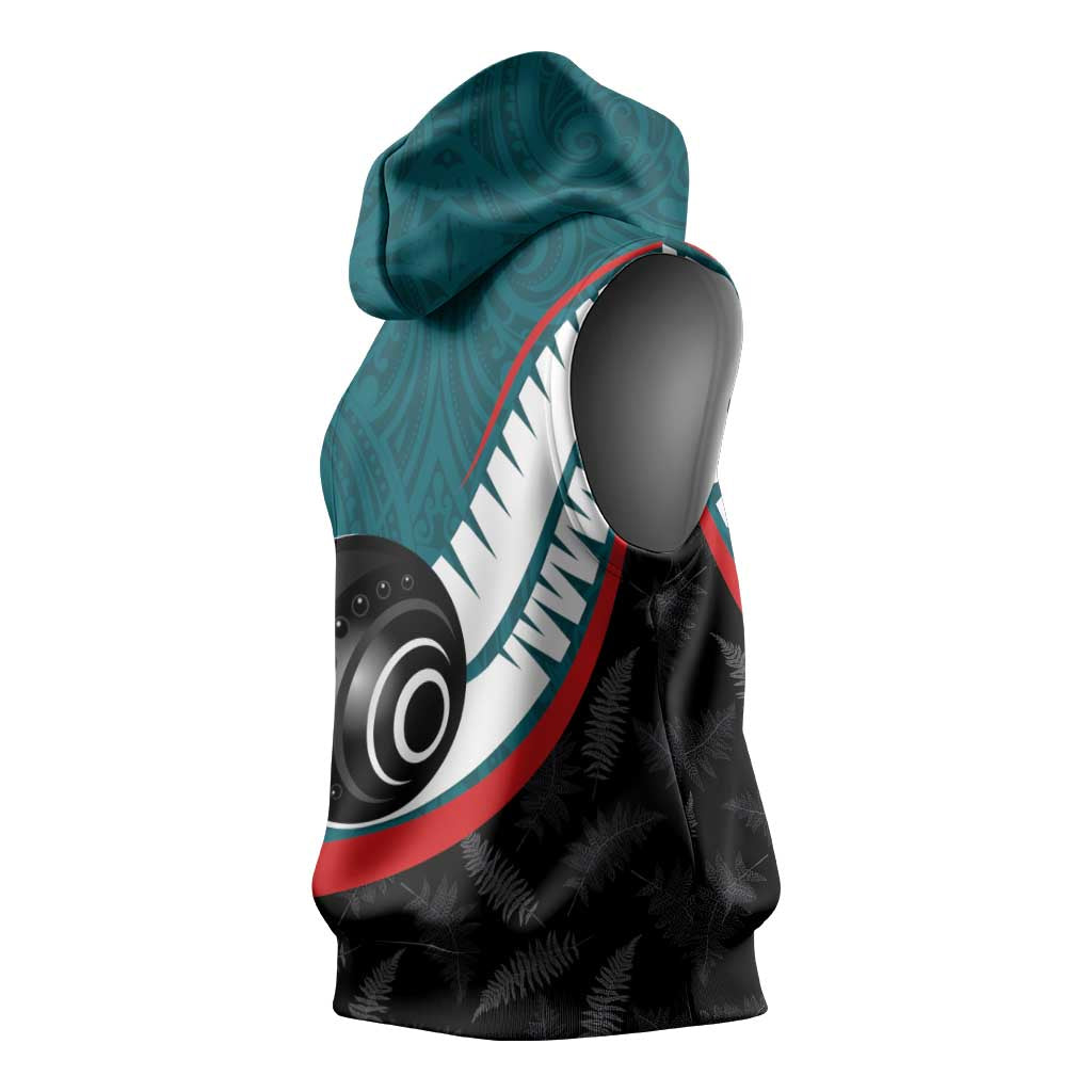Personalised Aotearoa Lawn Bowls Sleeveless Hoodie Maori and Silver Fern Sporty Style Teal Color - Aussie Hoodie
