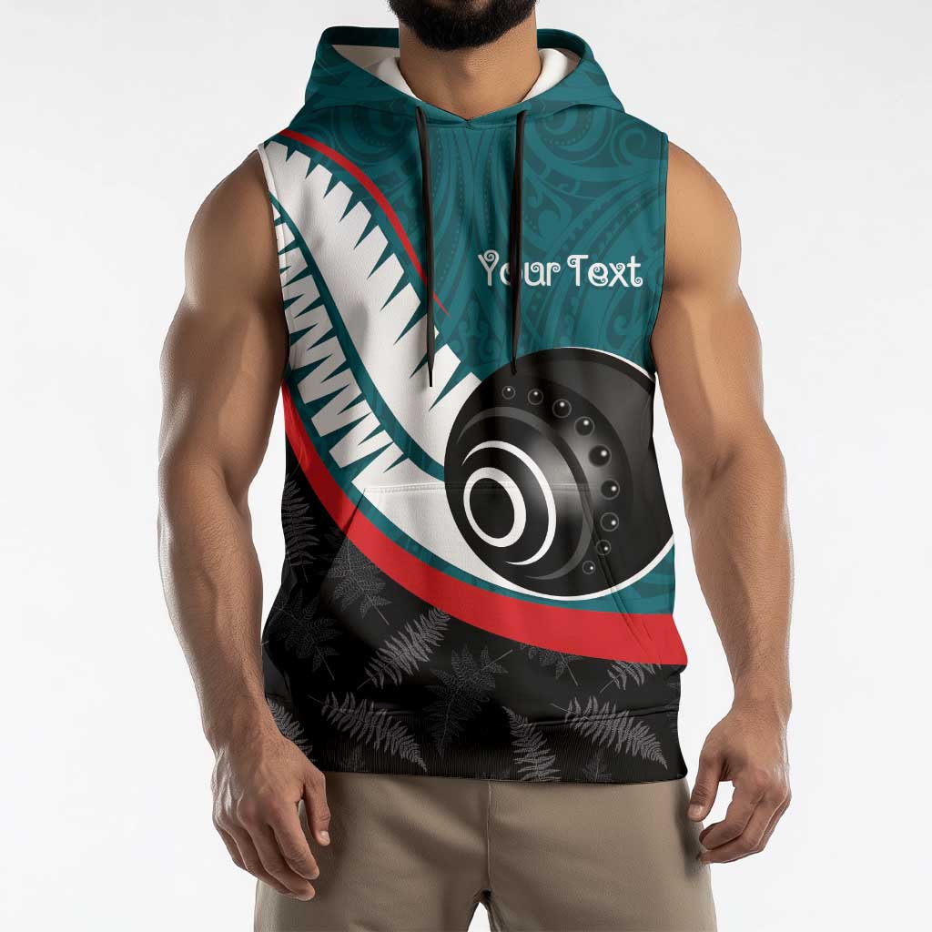 Personalised Aotearoa Lawn Bowls Sleeveless Hoodie Maori and Silver Fern Sporty Style Teal Color - Aussie Hoodie