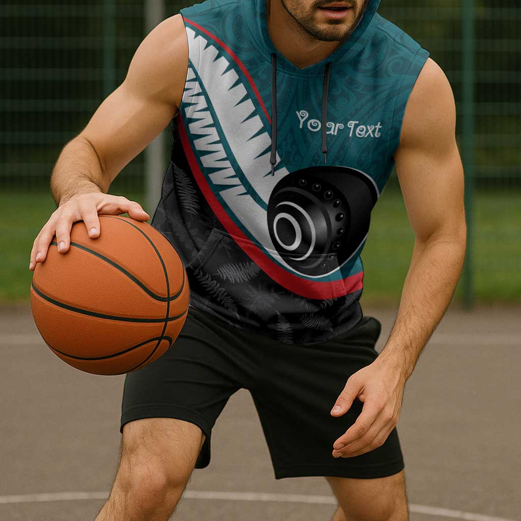 Personalised Aotearoa Lawn Bowls Sleeveless Hoodie Maori and Silver Fern Sporty Style Teal Color - Aussie Hoodie