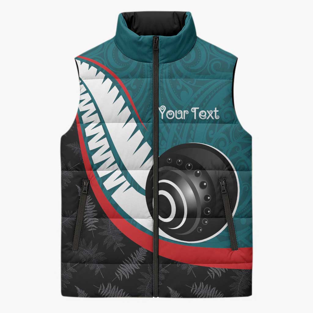 Personalised Aotearoa Lawn Bowls Sleeveless Puffer Jacket Maori and Silver Fern Sporty Style Teal Color - Aussie Hoodie